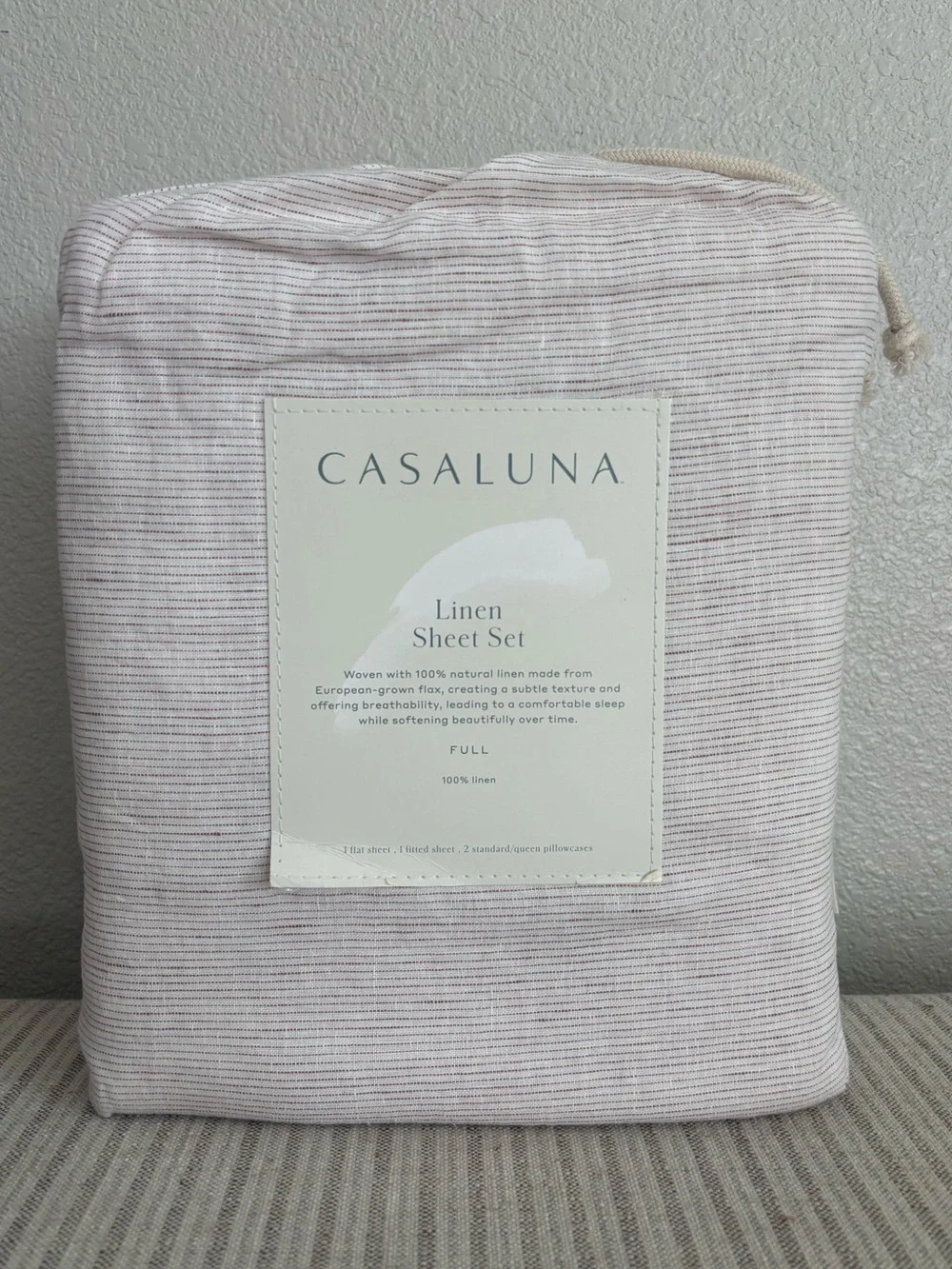 NWT Full 100% Linen Sheet Set Adobe Clay Micro Stripe - Casaluna